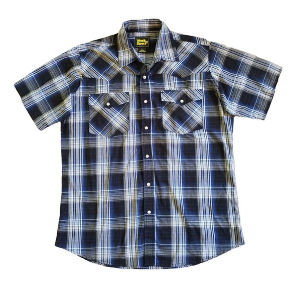 Work N Sport Large Western Shirt Blue Plaid Pearl Snaps Short Sleeve - Picture 1 of 5